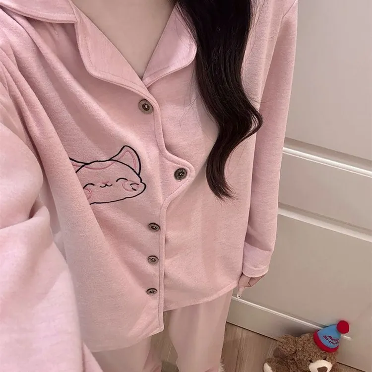 2025秋冬睡衣甜美羊绒加厚保暖家居服女开衫翻领长袖简约休闲套装