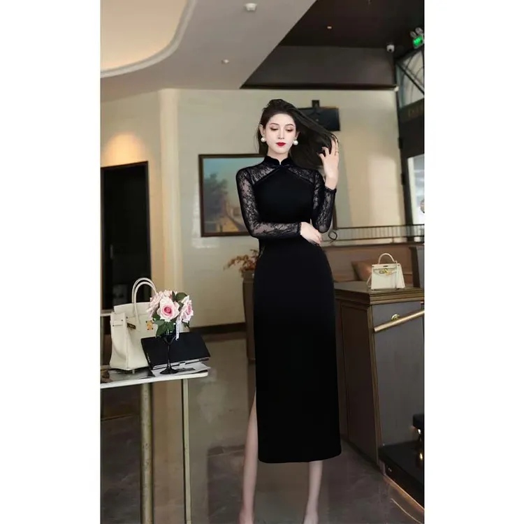 AN【有里布】设计轻奢高定修身气质拼接蕾丝连衣裙TX0134