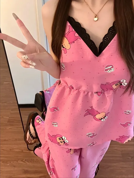 云朵棉甜美粉色波点蜡笔小新吊带睡衣女夏季新款套装可外穿家居服