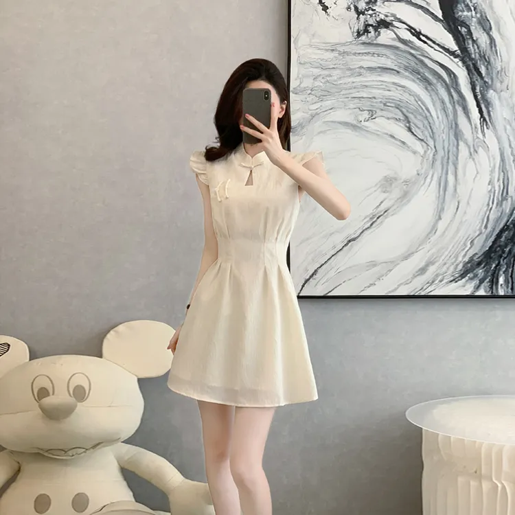 直襟时尚无袖a字裙女小个子夏季娃娃领短款旗袍连衣裙显瘦气质