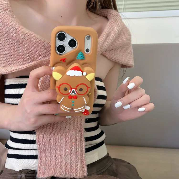 卡通可爱圣诞节小熊支架iphone17苹果16适用14/15pro max手机壳13
