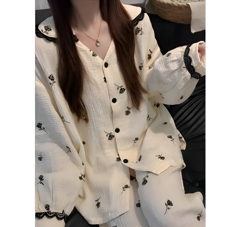 日式休闲纯欲简洁女款宽松睡衣春秋季长袖长裤可外穿家居服套装款