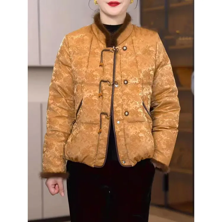 国风妈妈中式短款棉衣外套冬季新款E气质毛领提花复古盘扣棉服女