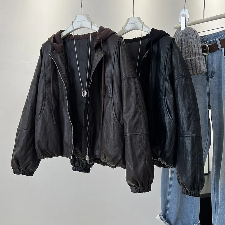 羽绒皮衣外套女短款冬装连帽宽松显瘦机车服pu皮夹克冬装保暖外套