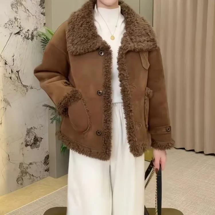 复古时尚毛毛一体百搭纯色外套女2025冬高级感休闲气质外套-22560