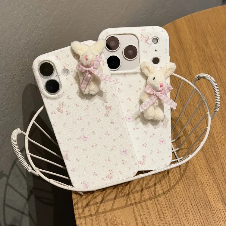 韩系冬日小碎花毛绒兔仿皮纹适用苹果iPhone17pro/16手机壳防摔15