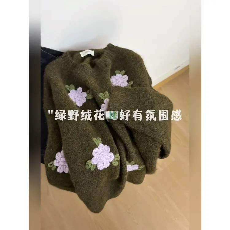 欧货高端漂亮绿色针织衫女2025秋季新款宽松高级感慵懒风翻领毛衣