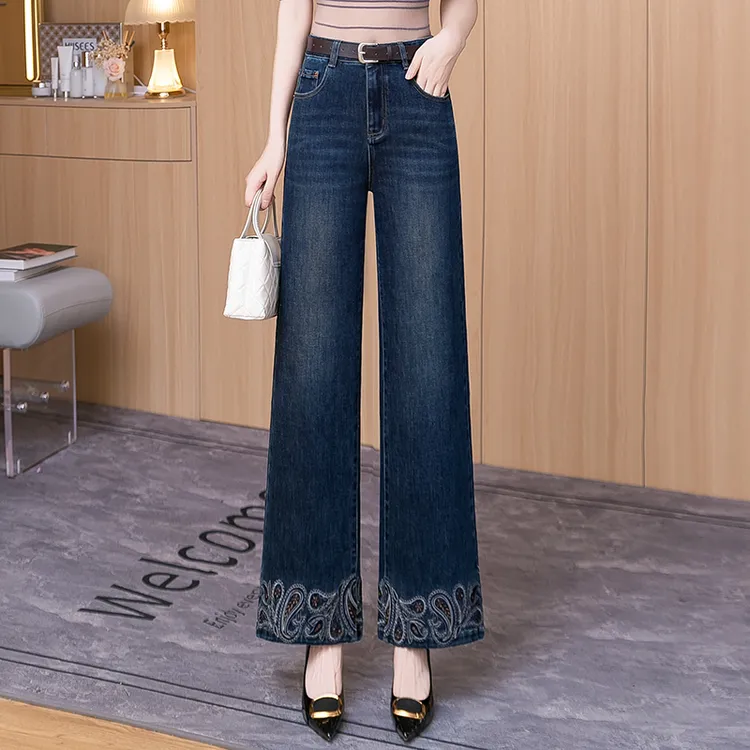 复古时尚气质刺绣阔腿牛仔裤2025年秋季新款女高腰显瘦垂感直筒裤