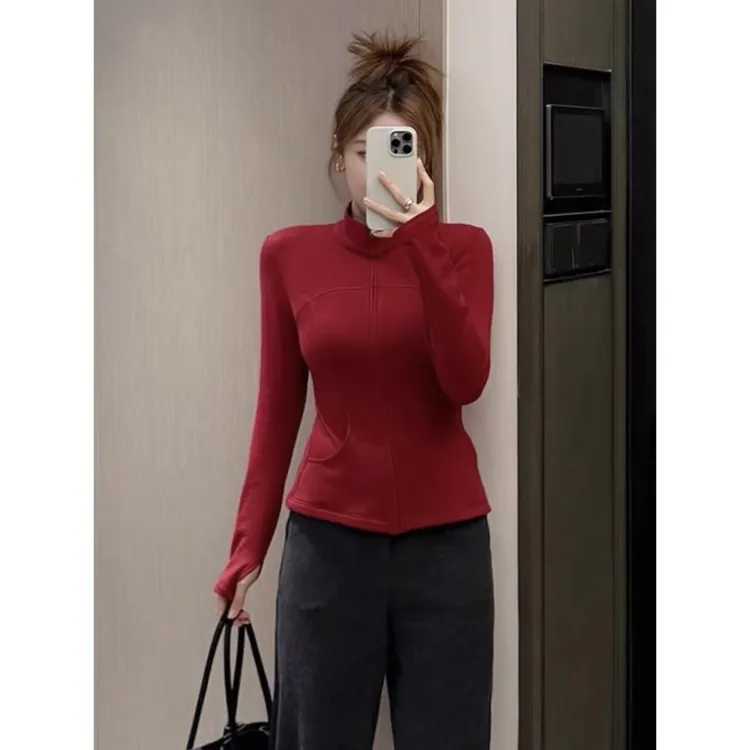 2025秋冬收腰口袋拉链立领长袖T恤女双面绒气质显瘦高级短款上衣