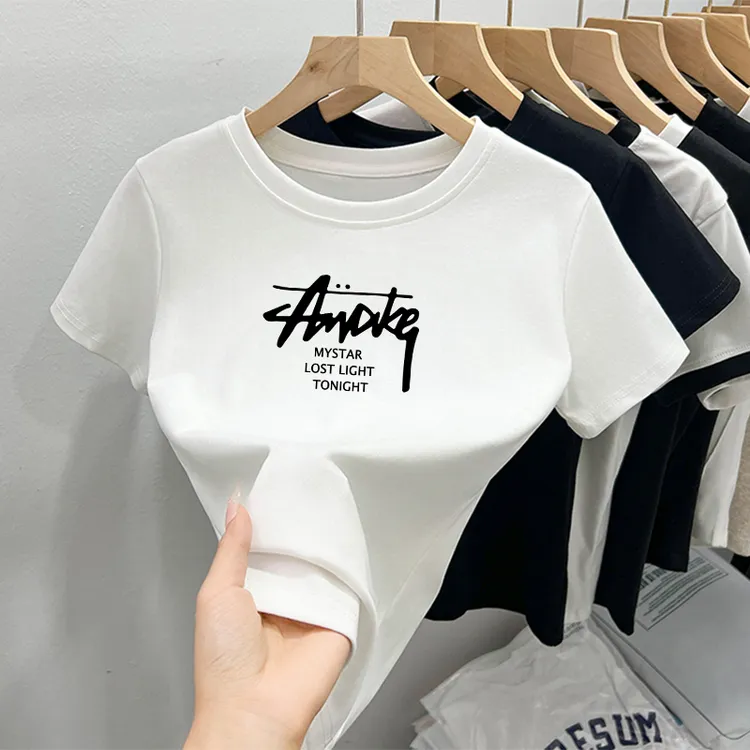 2025夏季设计感韩版时尚印花上衣圆领常规款短袖正肩螺纹打底衫女