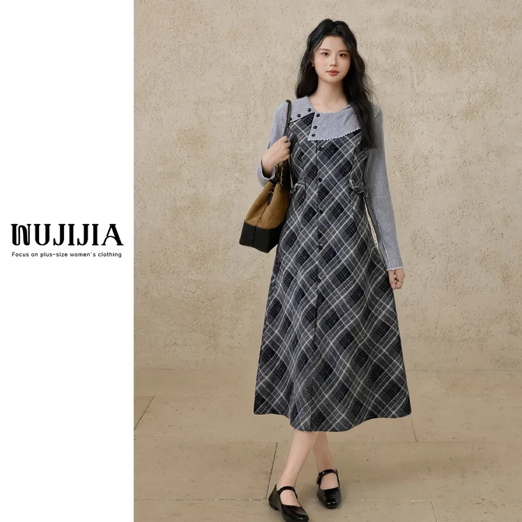 【五季家大码】秋冬遮肉显瘦灰色格子连衣裙ZL113948