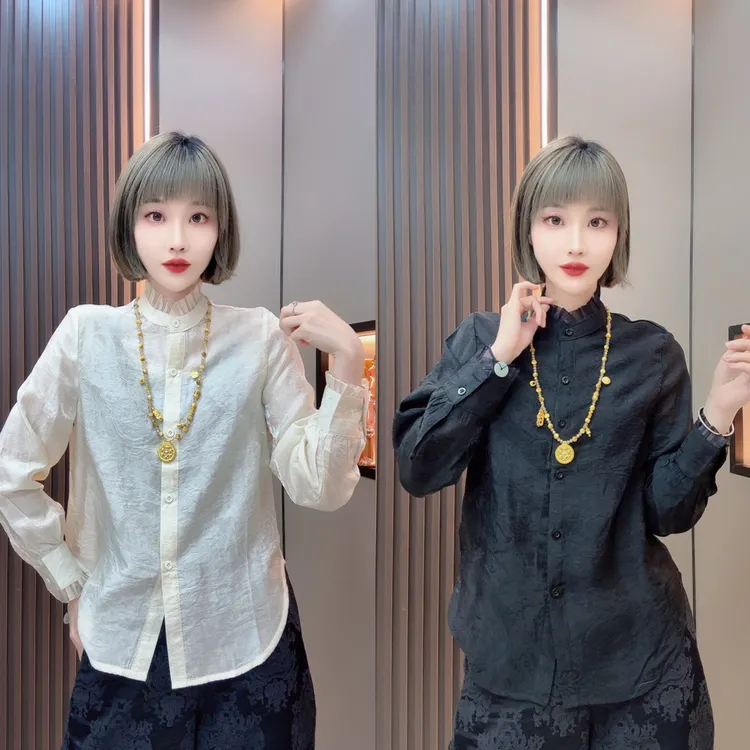 敏宝儿➕6812轻奢精致秋季褶皱花边领提花缎面长袖衬衫