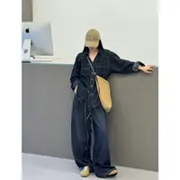 港式牛仔～新款韩版复古V领长袖衬衫+宽松阔腿裤套装