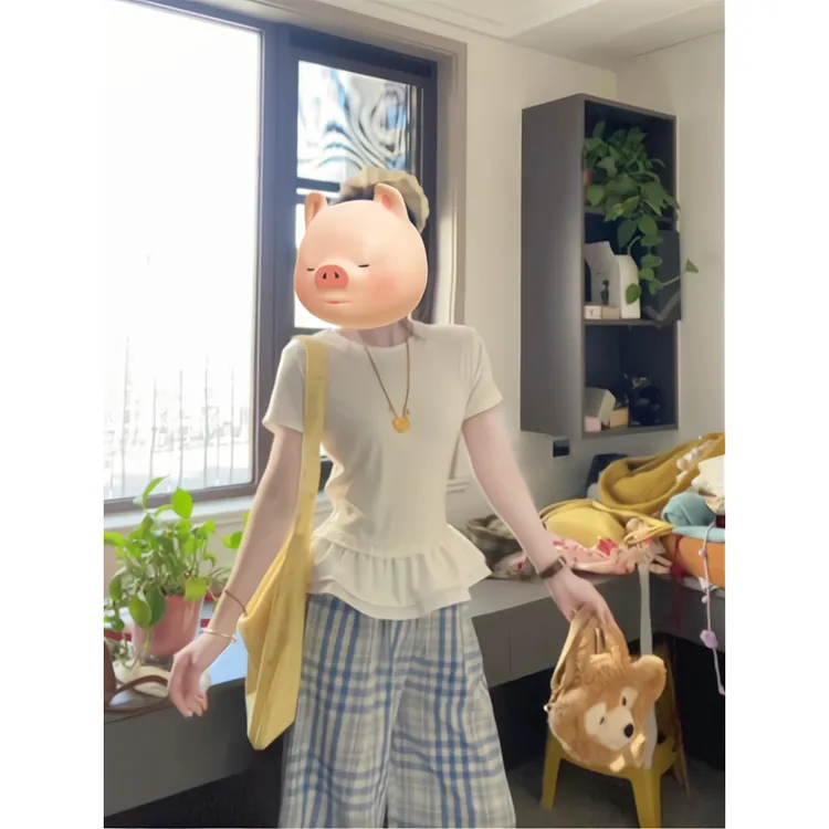 正肩假两件短袖t恤妹芭蕾风修身上衣长袖T恤蓝格子休闲裤阔腿长裤