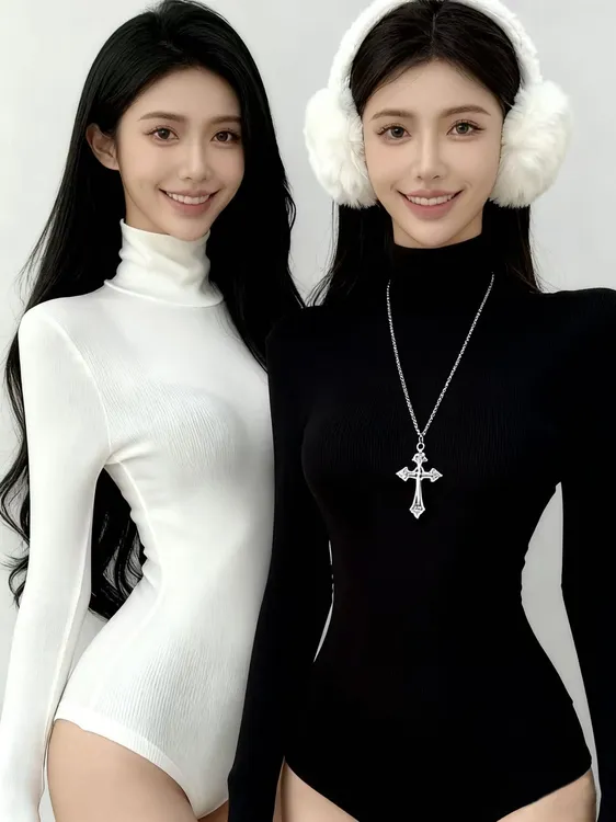 纯棉高品质性感高领弹力紧身白色连体衣显瘦内搭长袖T恤打底上衣