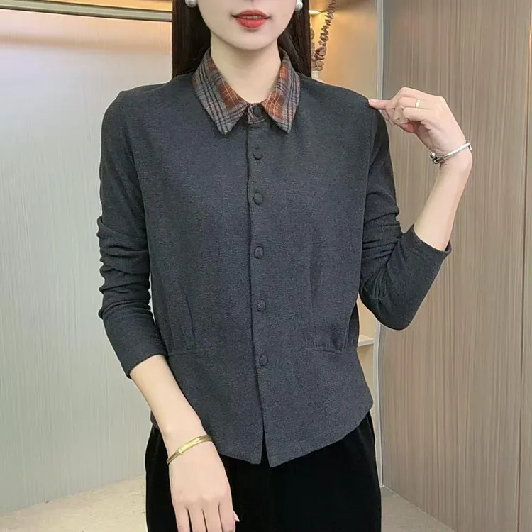 2025秋冬女士新款翻领时尚洋气拼色领双面澳绒百搭开扣显瘦小衫G9