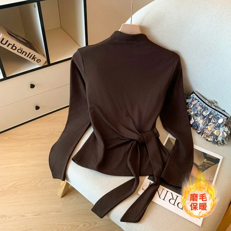 半高领长袖磨毛保暖打底衫女秋季新款设计感绑带收腰显瘦上衣