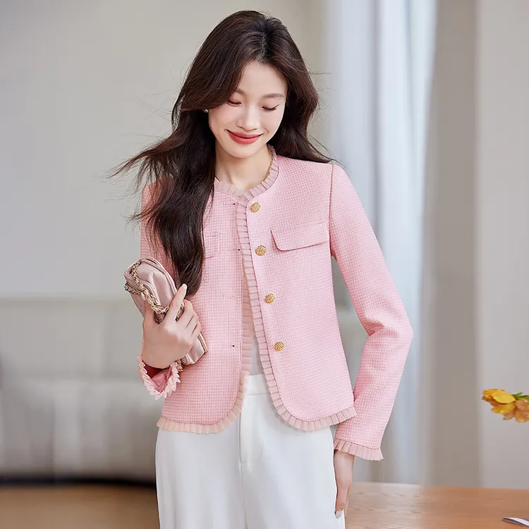 休闲小香风外套女2025新款春秋名媛气质短款小西装时尚木耳边上衣