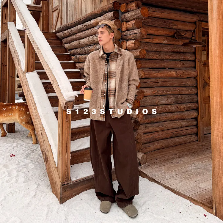 聪明陈老钱风假两件拼接衬衫领夹克外套cleanfit百搭针织衫上衣男