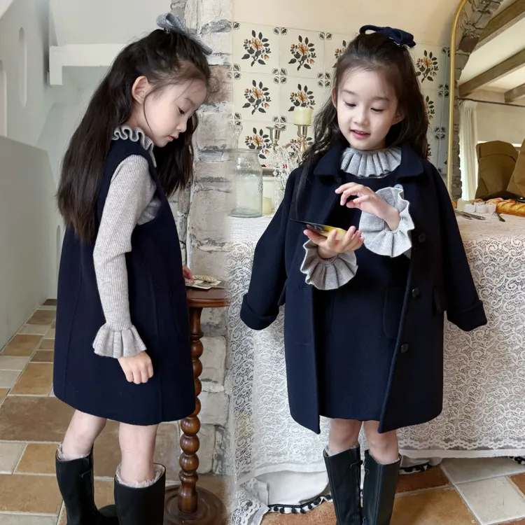[Petit Nez]复古100%羊毛双面羊绒手工女童大衣藏青两件套