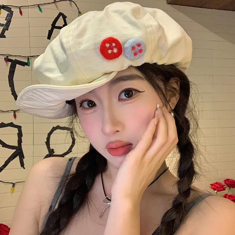 一帽五戴日系复古棉麻八角云朵帽夏季彩色纽扣前进帽显脸小贝雷帽