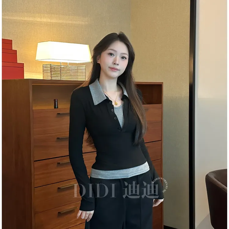 【迪迪】假两件POLO黑灰百搭显瘦辣妹性感秋冬T恤打底上衣