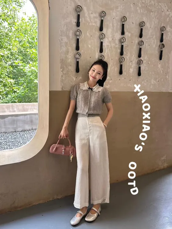 2025夏季新款韩系miu系简约短袖针织小衫高腰白色阔腿裤两件套