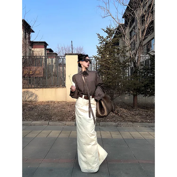 韩系洋气高级感复古宽松翻领长袖格子衬衫上衣高腰百搭休闲半身裙