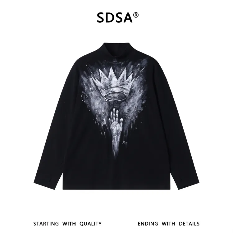 SDSA男士秋冬新款痞帅男装潮牌撞色手皇冠印花立领长袖T恤百搭