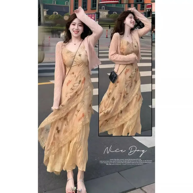 初春装搭配一整套大码胖mm法式碎花吊带连衣裙波西米亚漂亮长裙子