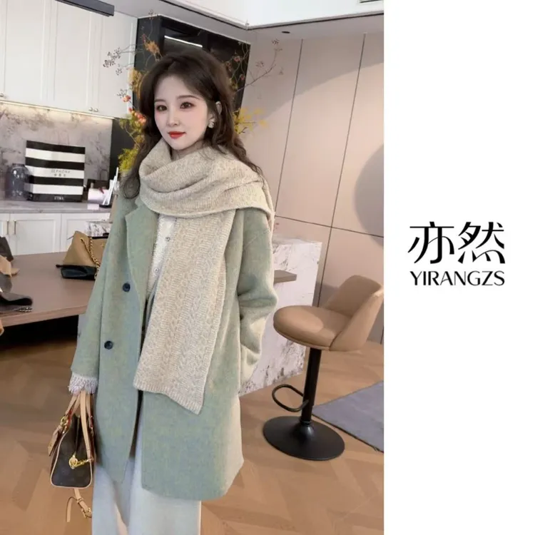 秋冬季时尚法式慵懒风双排扣翻领宽松廓形长短款羊毛大衣 25903