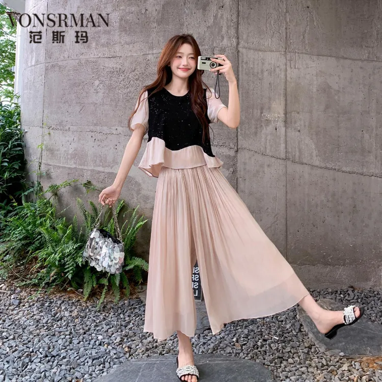 法式巨好看独特绝美小套装女2025夏荷叶边拼接短袖上衣裤裙两件套