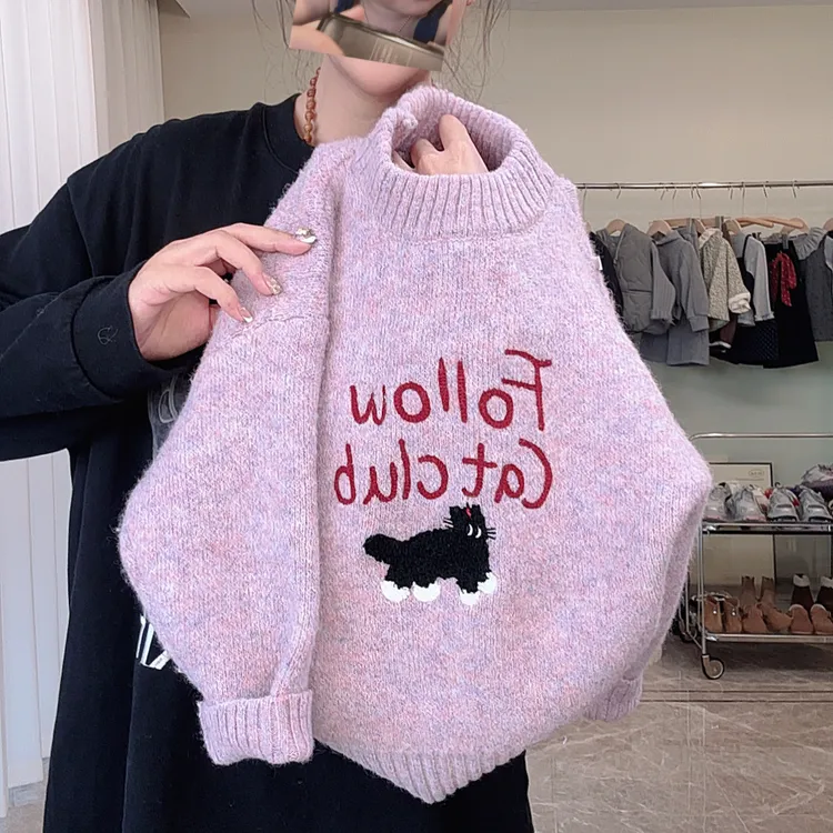 【现货】儿童毛衣女童秋冬针织衫童装毛衣雾霾紫秋冬套头卡通圆领