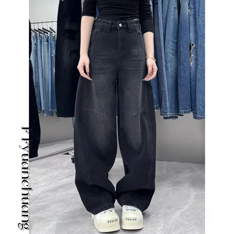 EZ8637-秋冬加厚新款结构翻袋百搭显瘦显腿长炸街美式牛仔弯刀裤