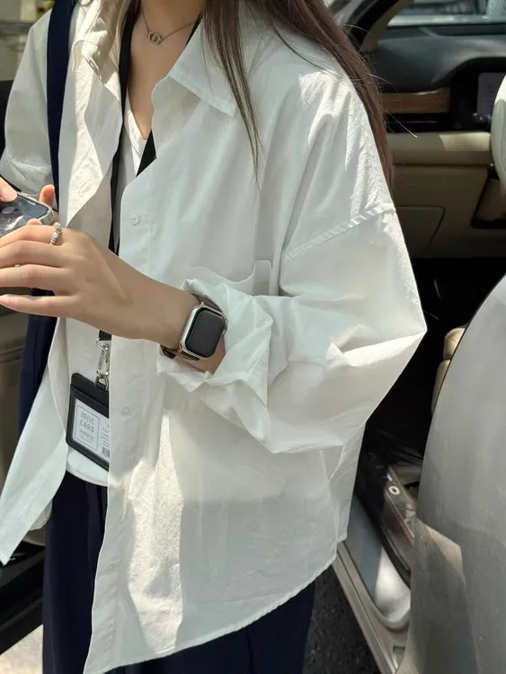100%纯棉Polo领正肩衬衫女初秋开衫衬衣宽松休闲遮肉长袖上衣外套