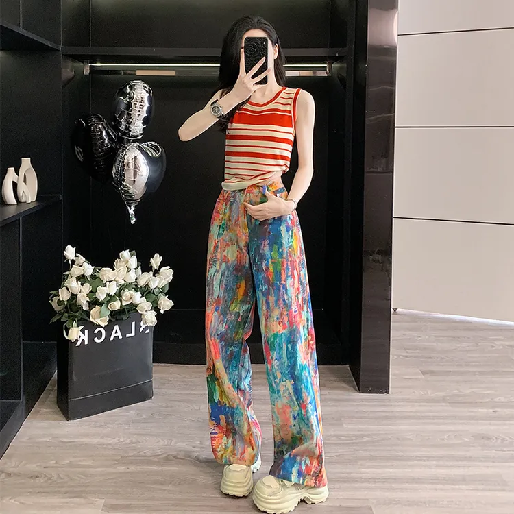 夏季穿搭一整套时尚套装女辣妹短款短袖T恤泼墨阔腿裤两件套显瘦