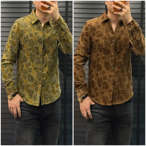 新款男士植绒翻领长袖衬衫男款衬衣秋冬休闲修身时尚百搭