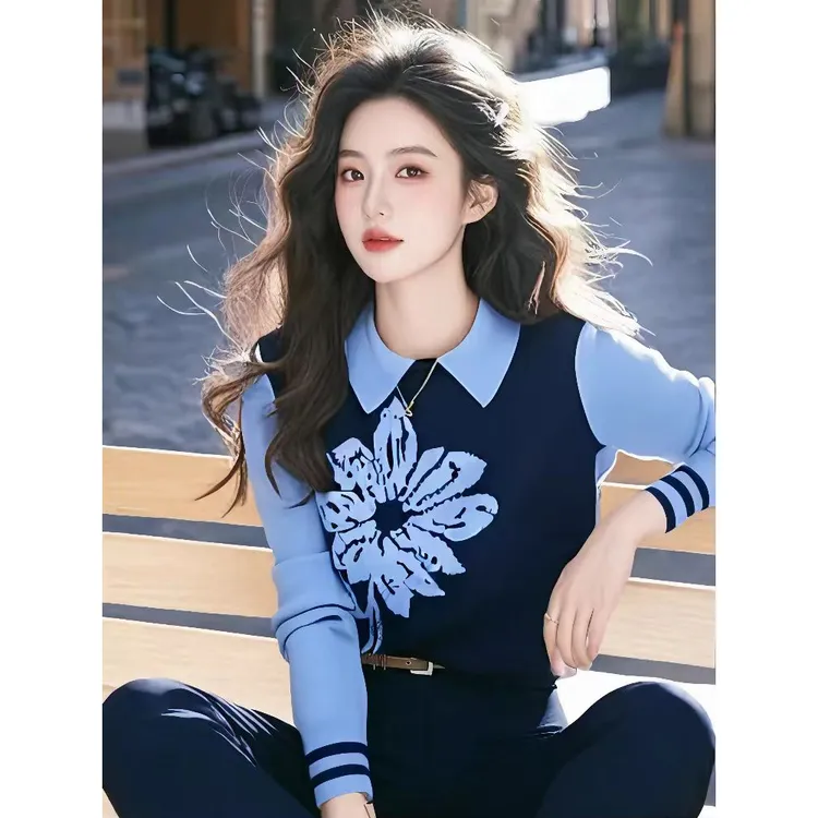 时尚翻领假两件提花针织衫秋装新款显瘦拼接打底毛衣百搭撞色上衣