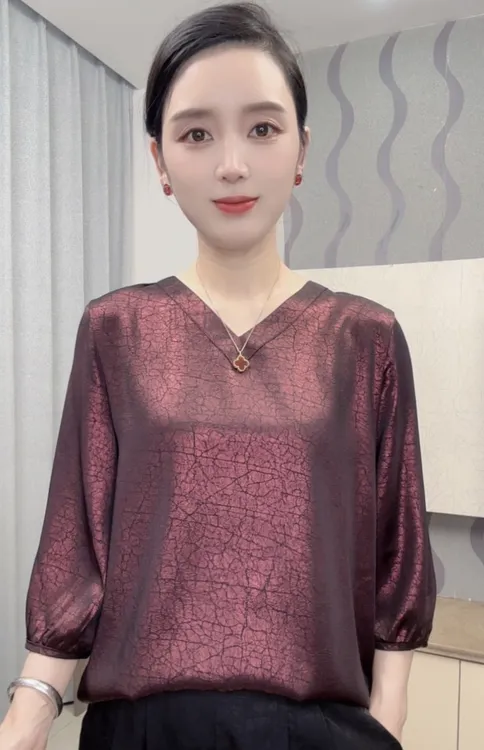 [高端酒红]2025高端订制新款时尚遮肉显瘦衬衫上衣洋气百搭九分袖