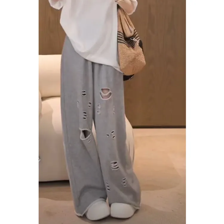艾塔莉显瘦宽松破洞休闲裤女夏季新款设计感拖地裤时尚阔腿直筒裤