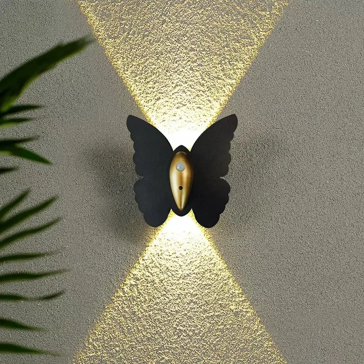 蝴蝶壁灯充电免布线人体感应三色调光铝材灯罩过道走廊氛围小夜灯