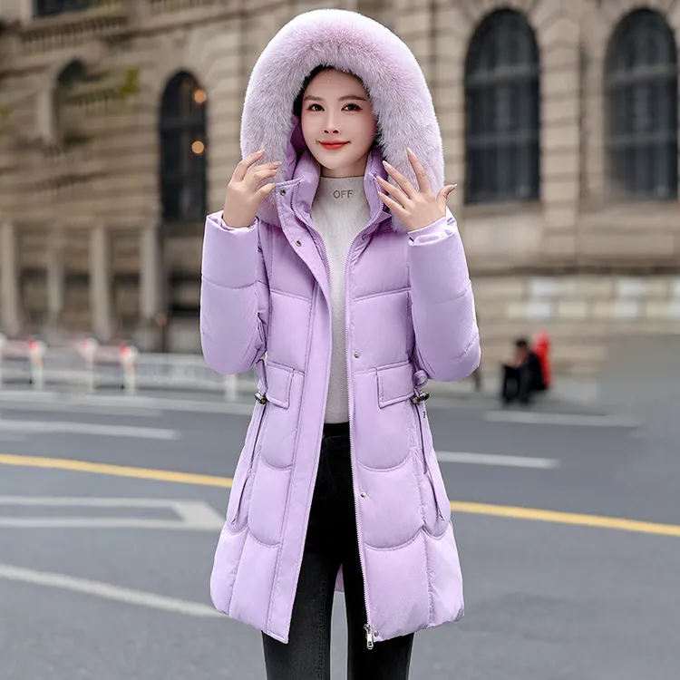 855女中长款长款保暖棉衣外套韩版纯色女棉服中年连帽冬季加厚