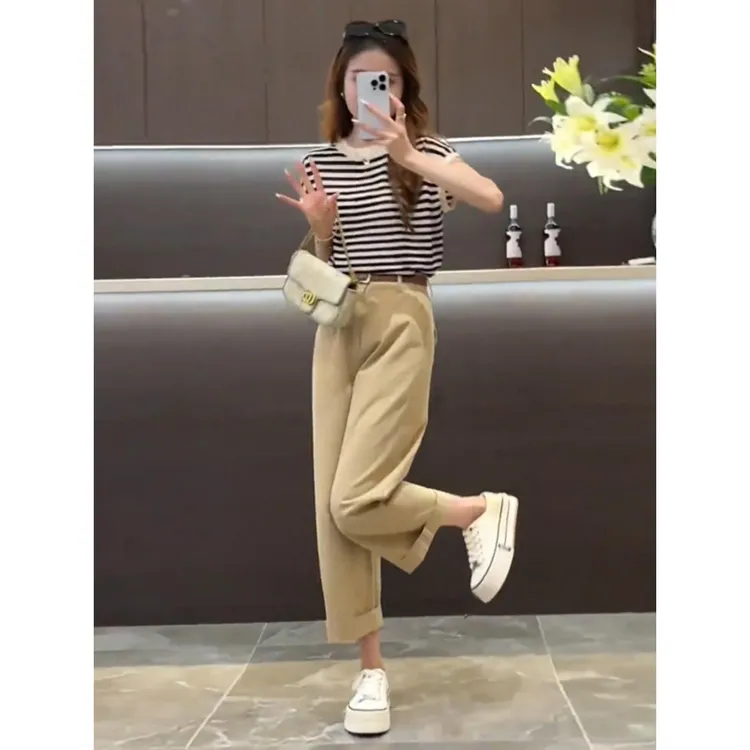 小个子夏天穿搭一整套2024新款松弛感条纹针织衫休闲直筒裤两件套