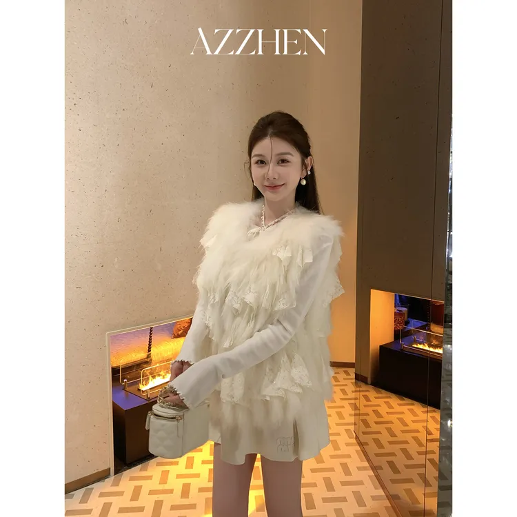 （假日穿搭）AZZHEN【朦胧月光】貉子毛拼接蕾丝皮草马甲AZ4KCH10-00