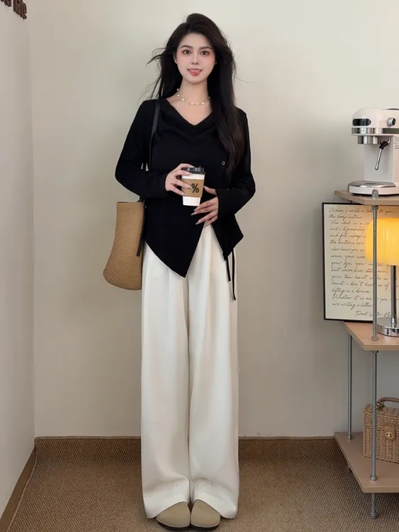 秋冬搭配胖mm大码荡领开叉不规则长袖t恤+灯芯绒长裤牛仔短裙套装