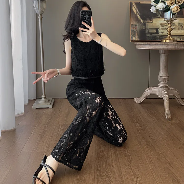 高腰拼接黑色时尚套装千金风复古薄款长裤直筒裤显瘦休闲裤女蕾丝