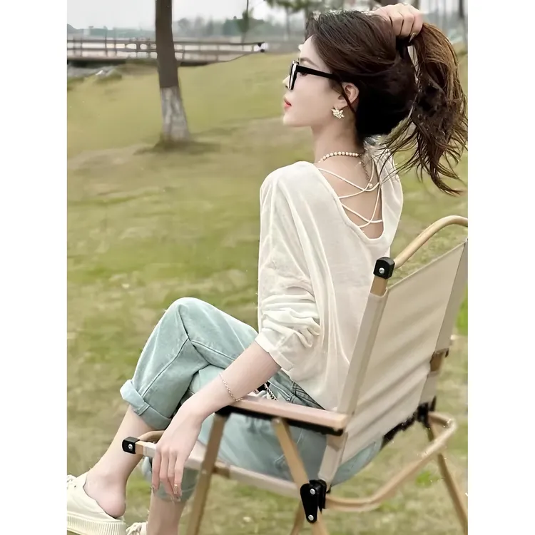 冰丝防晒罩衫t恤女长袖2025新款夏季薄款宽松慵懒设计感露背上衣