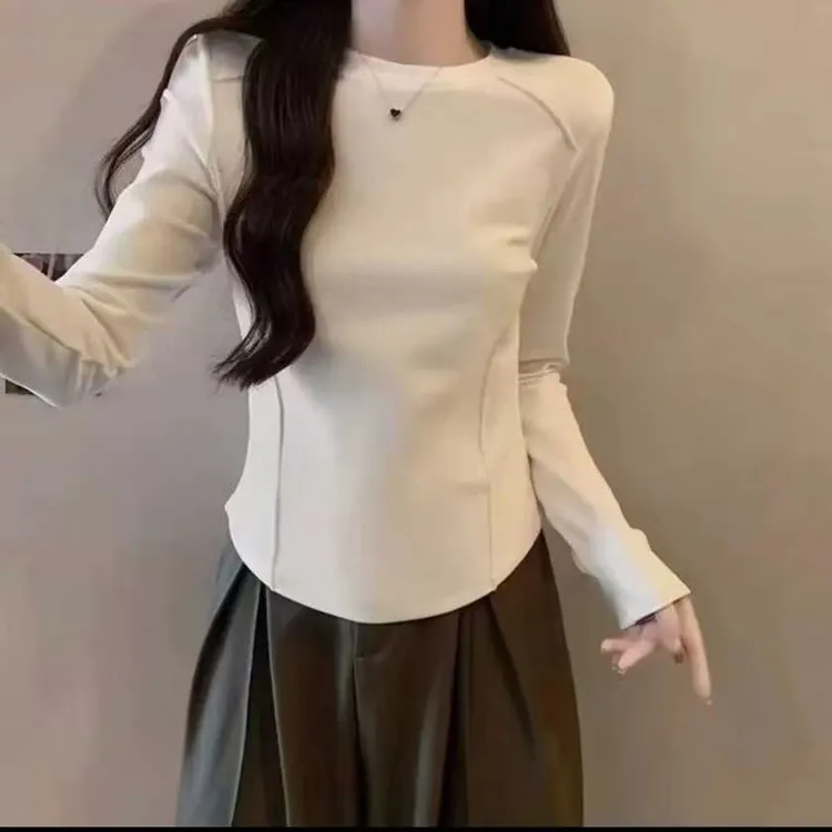 圆领女款秋冬德绒鱼骨长袖白色打底衫春秋上衣气质修身洋气百搭