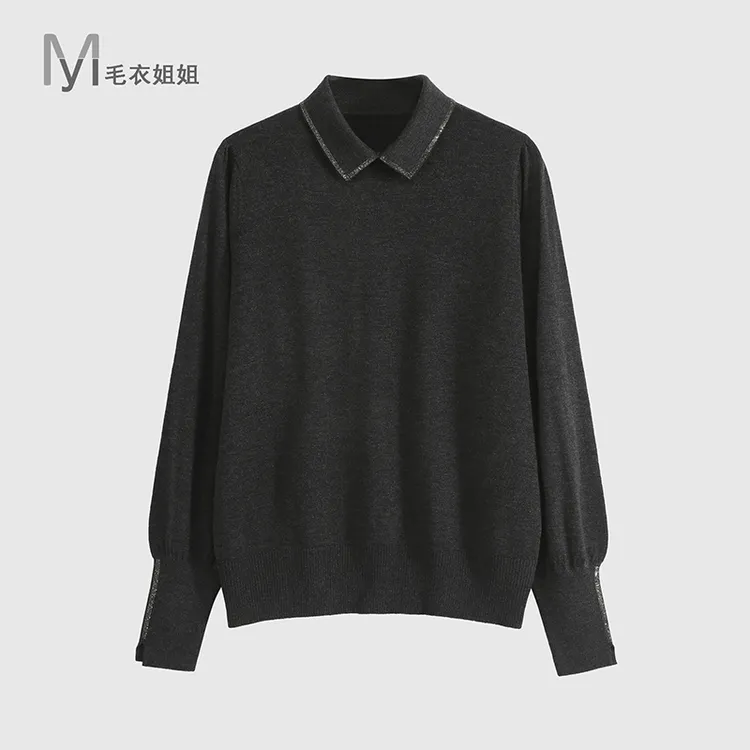 重工烫钻小翻领保暖针织打底衫毛衣女150-23681