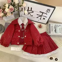 T3【悦禾】秋款上新红色皮衣拼接假俩件秋季长袖儿童女宝套装7656